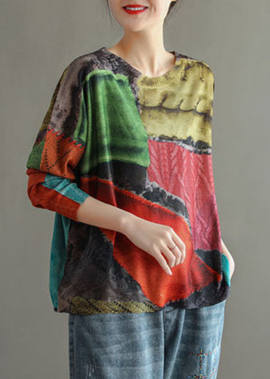 Plus Size Colorblock O-Neck Print Knit tops Long Sleeve