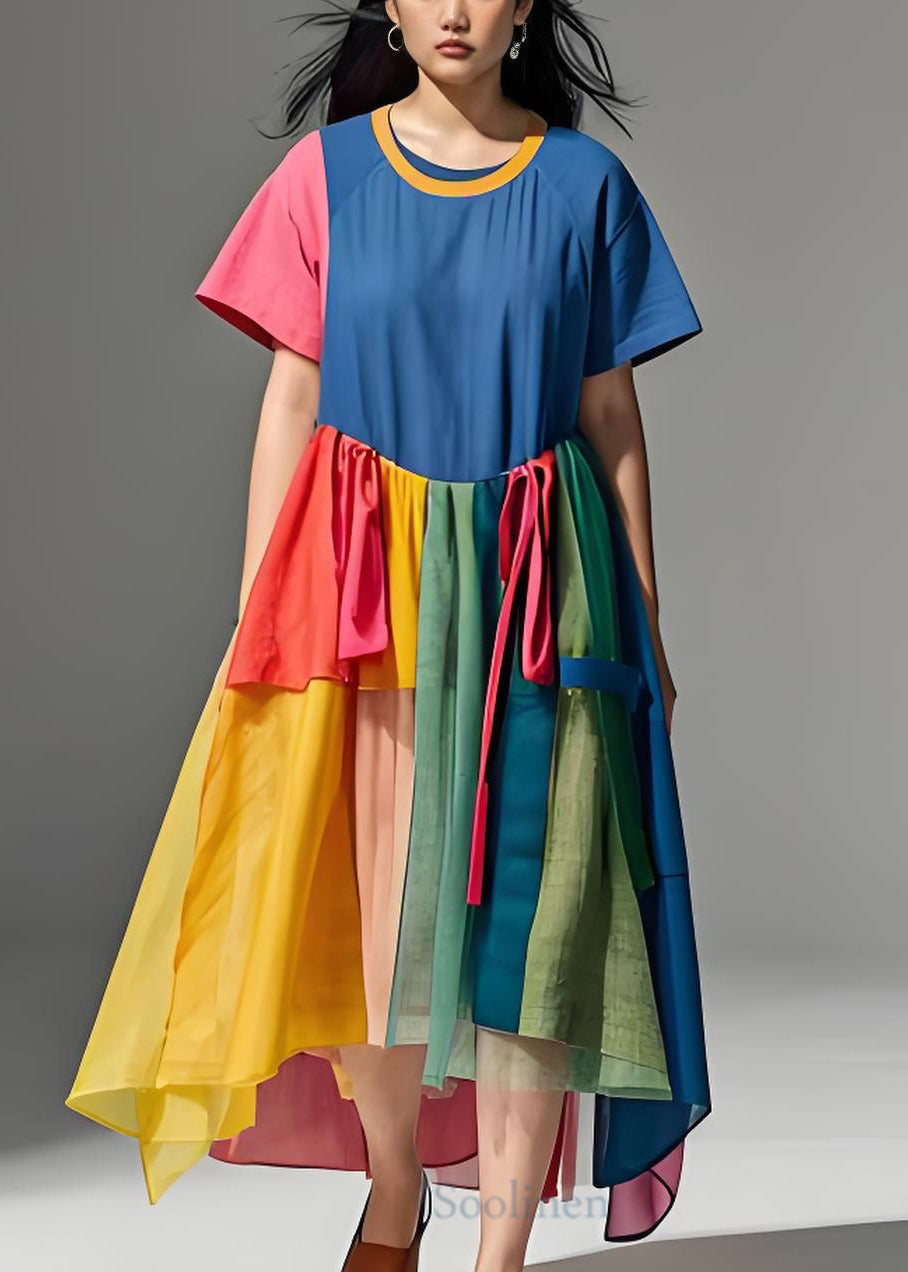 Colorblock O Neck Wrinkled Patchwork Cotton Dresses Summer