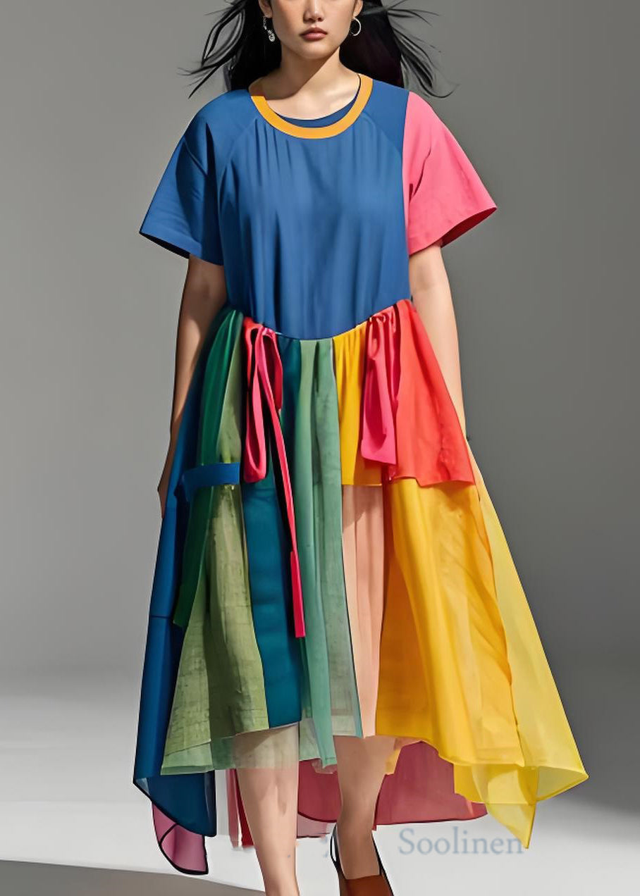 Colorblock O Neck Wrinkled Patchwork Cotton Dresses Summer