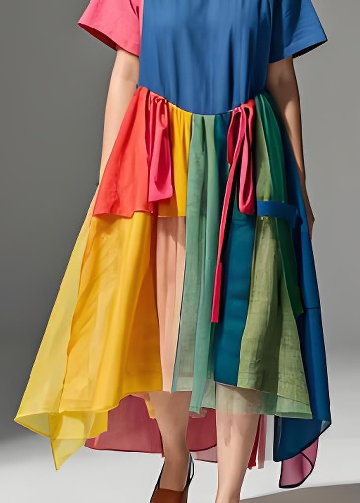 Colorblock O Neck Wrinkled Patchwork Cotton Dresses Summer
