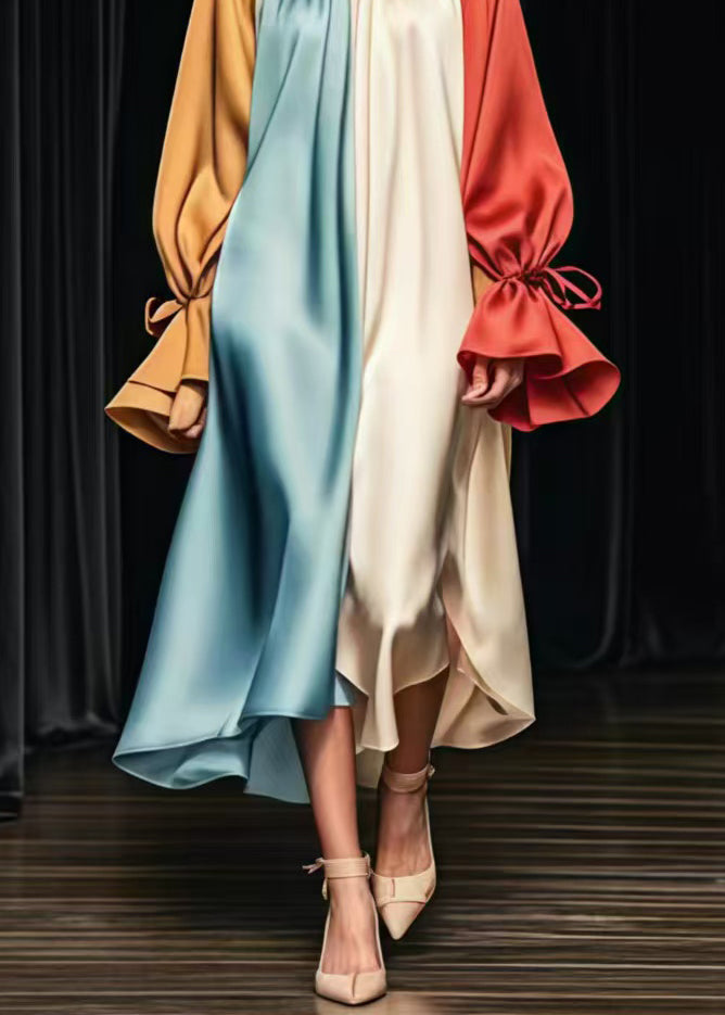 Colorblock Oversized Patchwork Silk Long Dress Flare Sleeve