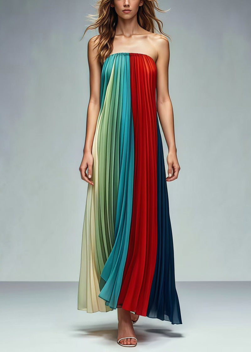 Colorblock Patchwork Wrinkled Chiffon Strapless Dresses Summer