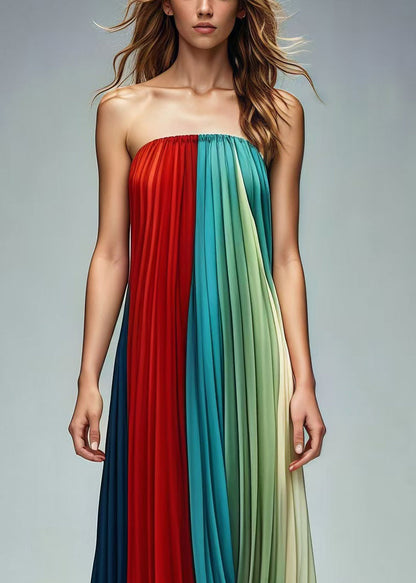 Colorblock Patchwork Wrinkled Chiffon Strapless Dresses Summer