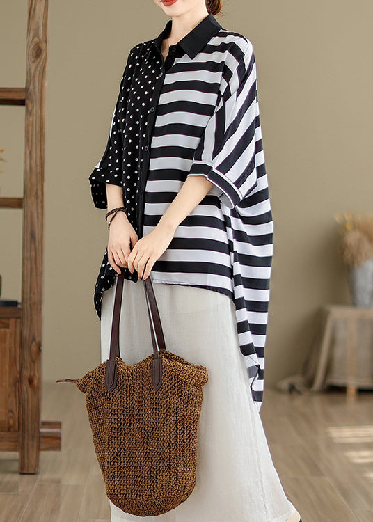 Colorblock Peter Pan Collar Low High Design Cotton Shirt Tops Summer