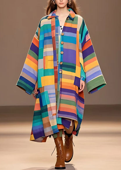 Colorblock Peter Pan Collar Plaid Woolen Long Coat Long Sleeve