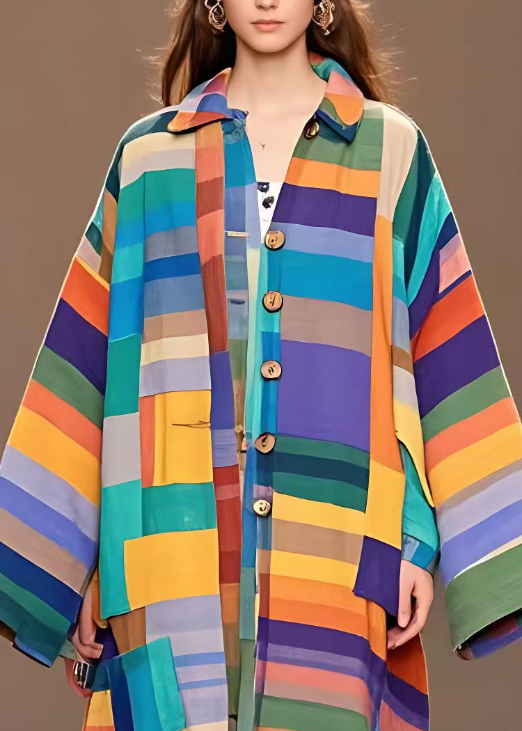 Colorblock Peter Pan Collar Plaid Woolen Long Coat Long Sleeve