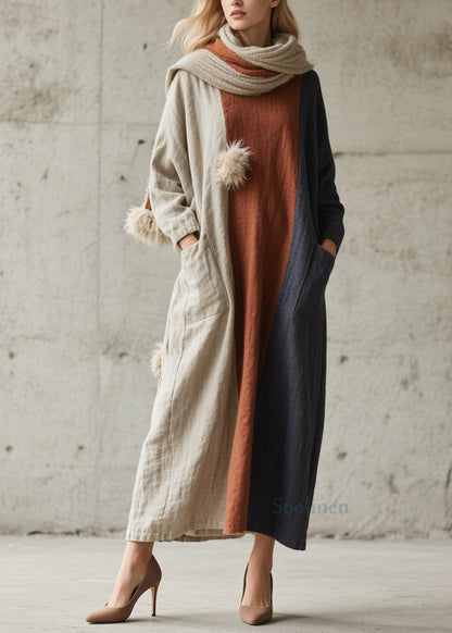 Colorblock Pockets Patchwork Cotton Dress Fall