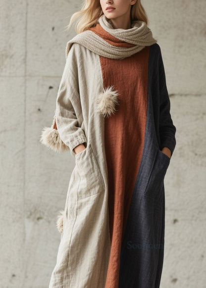 Colorblock Pockets Patchwork Cotton Dress Fall