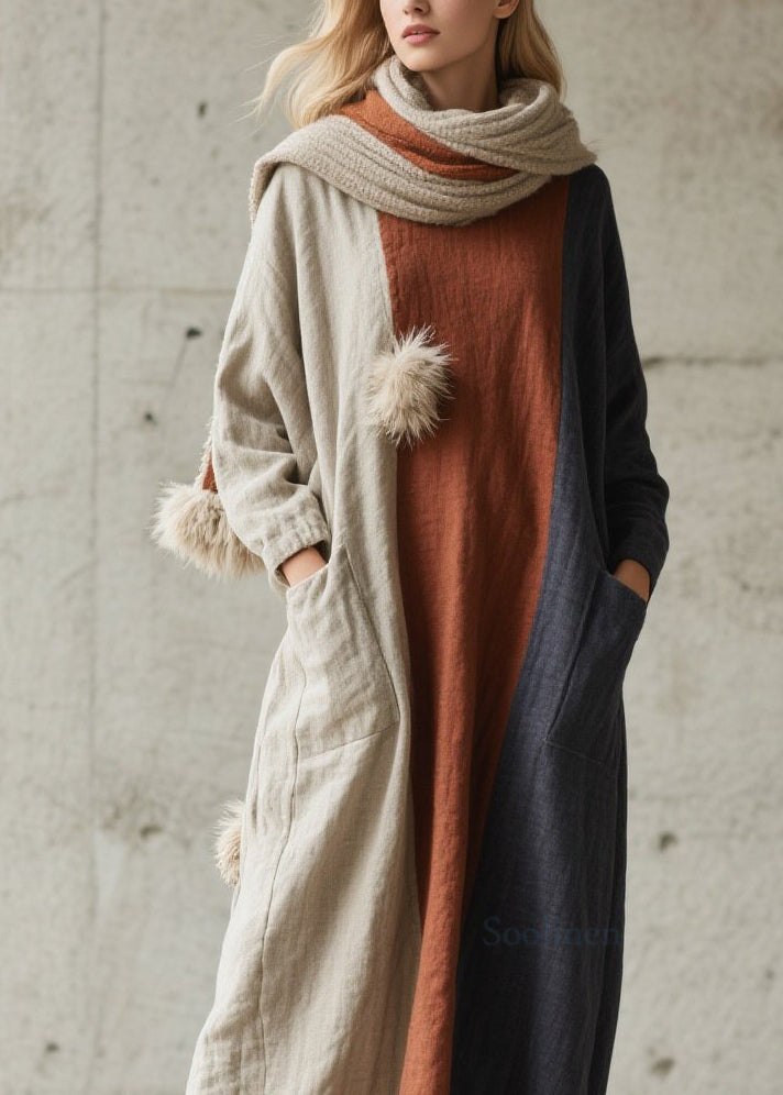 Colorblock Pockets Patchwork Cotton Dress Fall