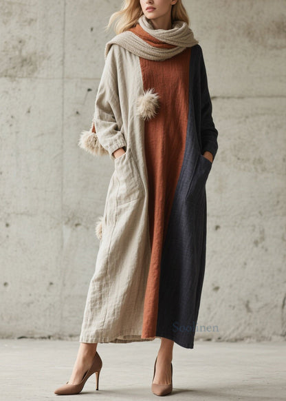 Colorblock Pockets Patchwork Cotton Dress Fall