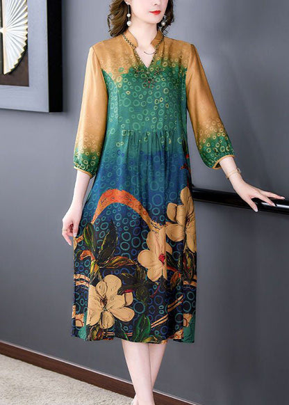Colorblock Print Wrinkled Silk a Line Dresses Bracelet Sleeve