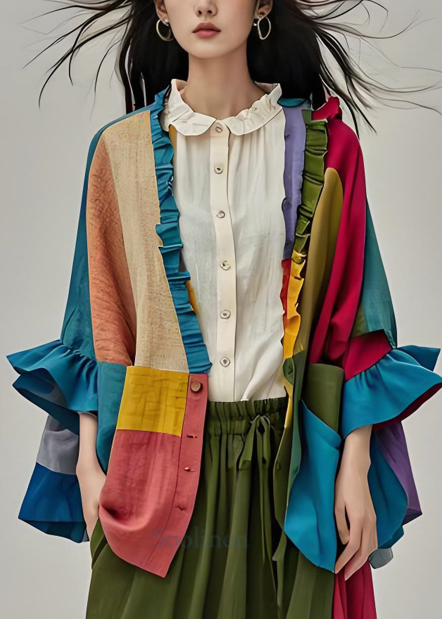 Colorblock Ruffled Button Patchwork Cotton Cardigans Coats Fall