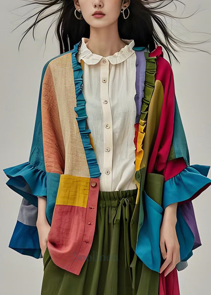 Colorblock Ruffled Button Patchwork Cotton Cardigans Coats Fall