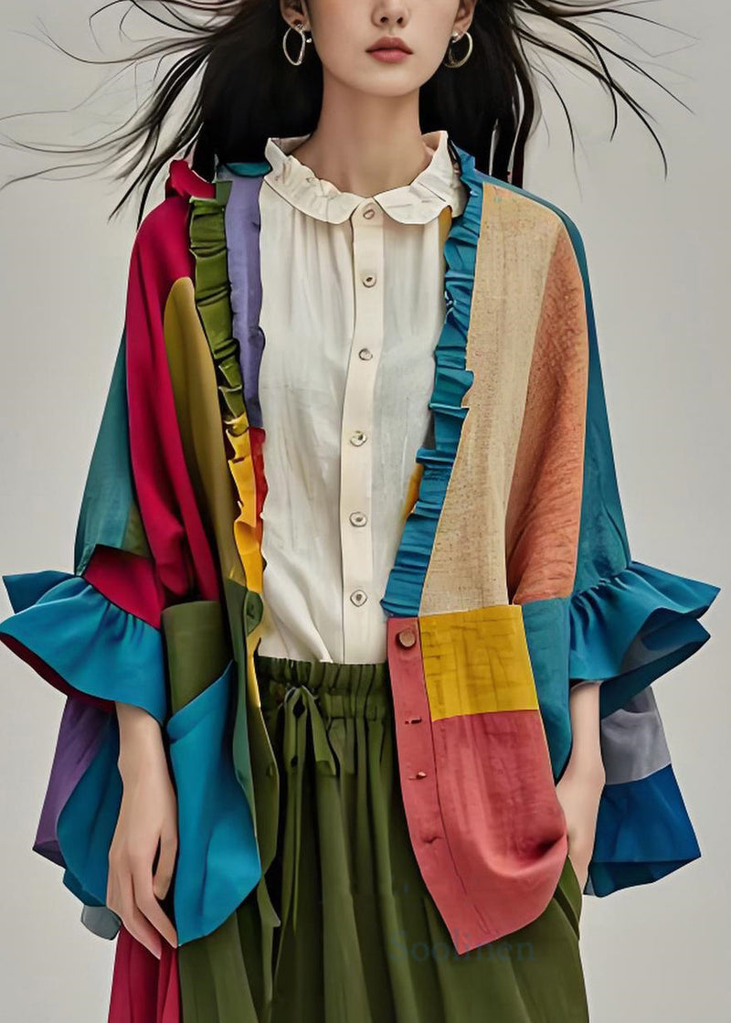 Colorblock Ruffled Button Patchwork Cotton Cardigans Coats Fall