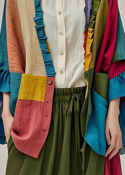 Colorblock Ruffled Button Patchwork Cotton Cardigans Coats Fall