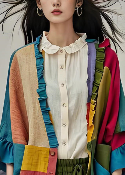 Colorblock Ruffled Button Patchwork Cotton Cardigans Coats Fall