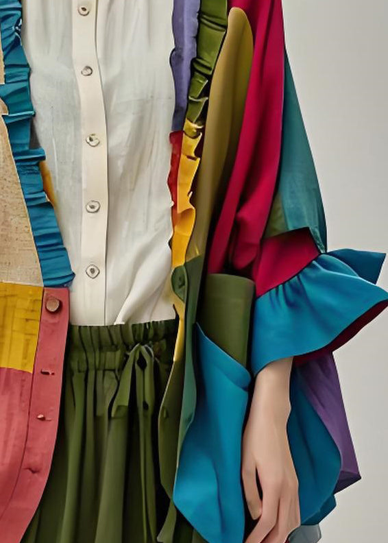 Colorblock Ruffled Button Patchwork Cotton Cardigans Coats Fall