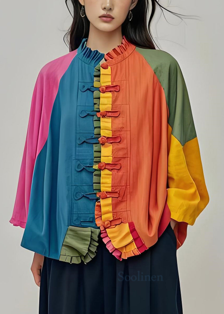 Colorblock Ruffled Chinese Button Patchwork Cotton Coats Fall