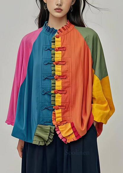 Colorblock Ruffled Chinese Button Patchwork Cotton Coats Fall