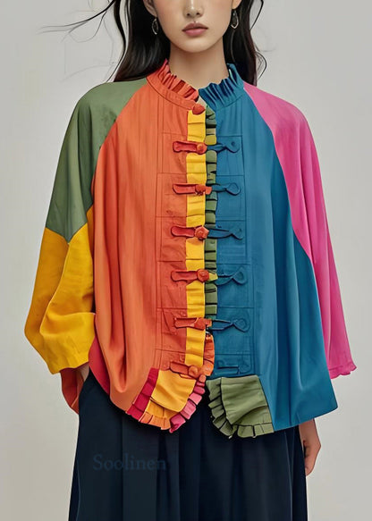 Colorblock Ruffled Chinese Button Patchwork Cotton Coats Fall
