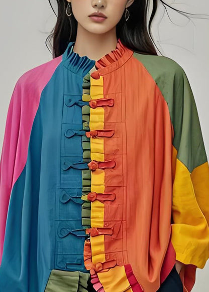 Colorblock Ruffled Chinese Button Patchwork Cotton Coats Fall