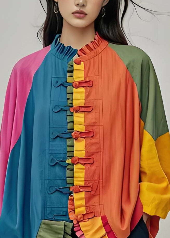 Colorblock Ruffled Chinese Button Patchwork Cotton Coats Fall
