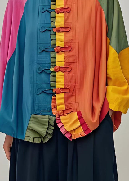 Colorblock Ruffled Chinese Button Patchwork Cotton Coats Fall