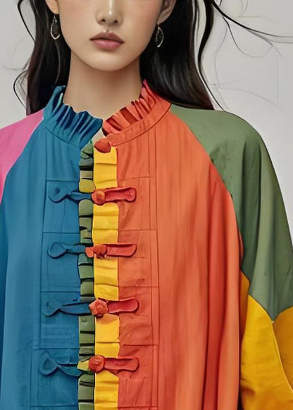 Colorblock Ruffled Chinese Button Patchwork Cotton Coats Fall