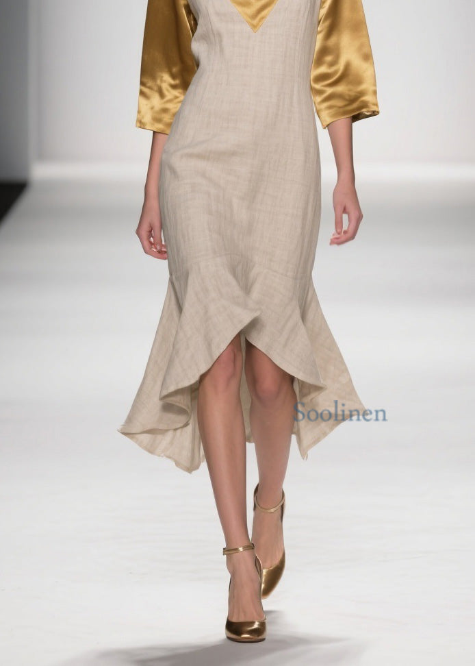 Colorblock Ruffled Patchwork Linen Silk Dresses Summer