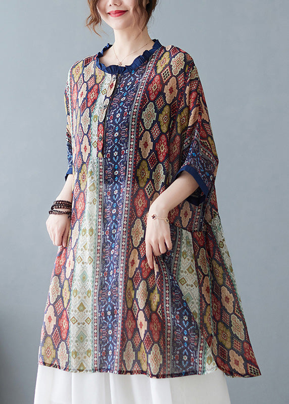 Colorblock Ruffled Print Cotton Tops Summer