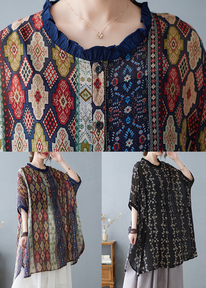 Colorblock Ruffled Print Cotton Tops Summer