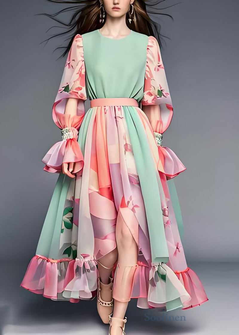 Colorblock Ruffled Print Patchwork Chiffon Dresses Long Sleeve