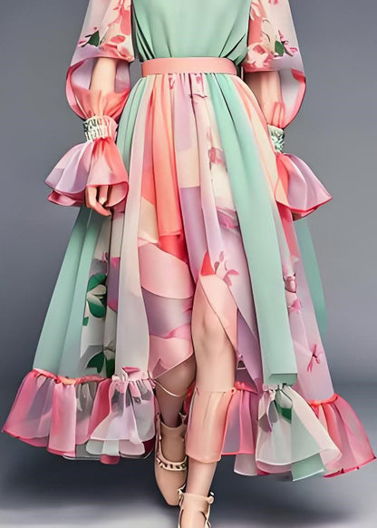 Colorblock Ruffled Print Patchwork Chiffon Dresses Long Sleeve