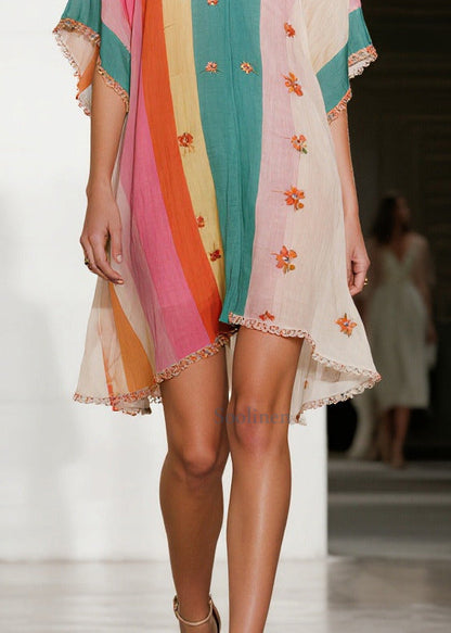 Colorblock Ruffled Striped Cotton Mini Dress Summer