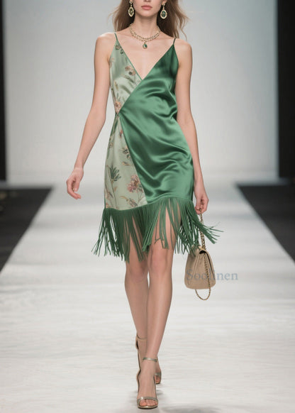 Colorblock Tassel Print Silk Spaghetti Strap Dresses Summer