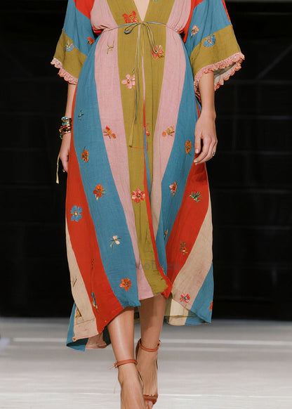 Colorblock Tie Waist Print Cotton Long Dress Summer