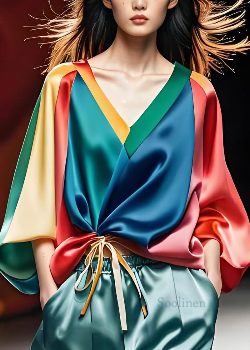 Colorblock V Neck Cinched Silk Shirt Bracelet Sleeve