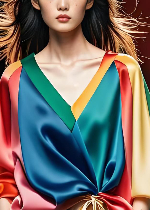 Colorblock V Neck Cinched Silk Shirt Bracelet Sleeve