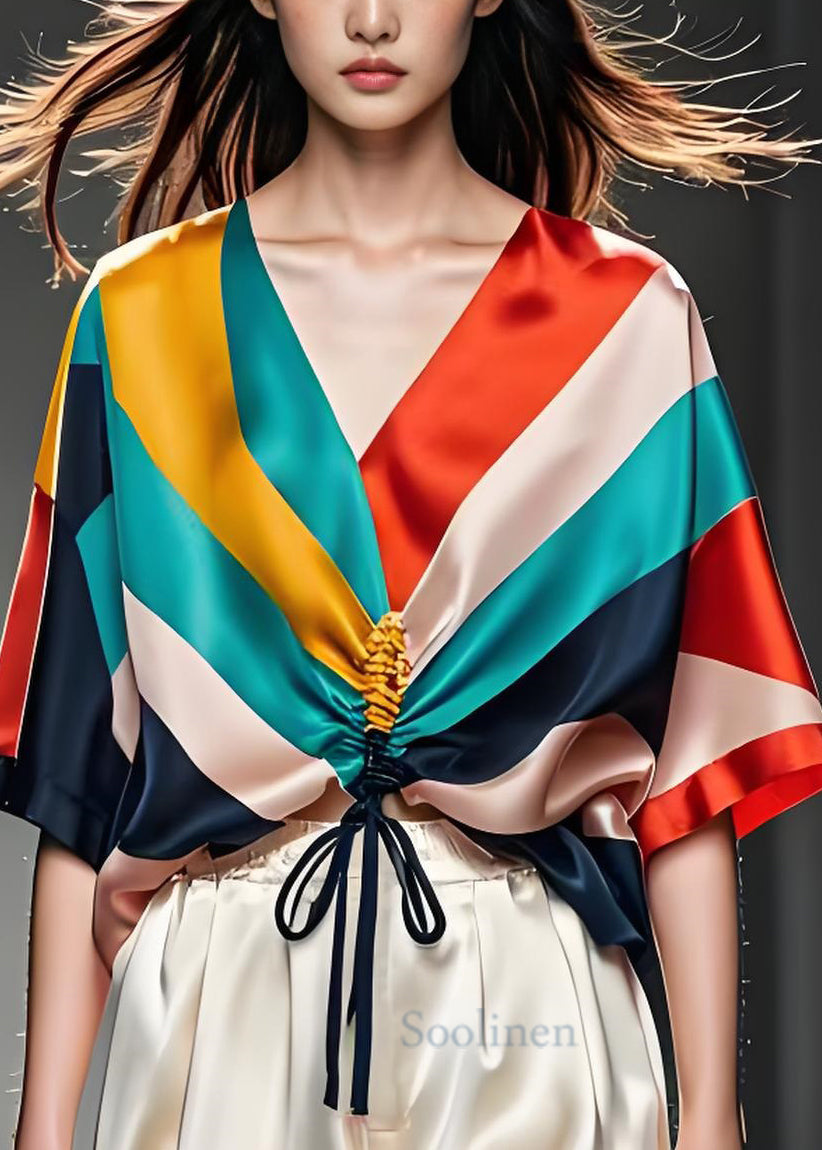Colorblock V Neck Cinched Silk Shirt Tops Summer