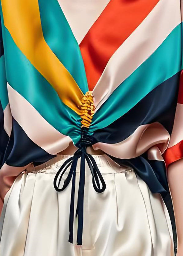 Colorblock V Neck Cinched Silk Shirt Tops Summer