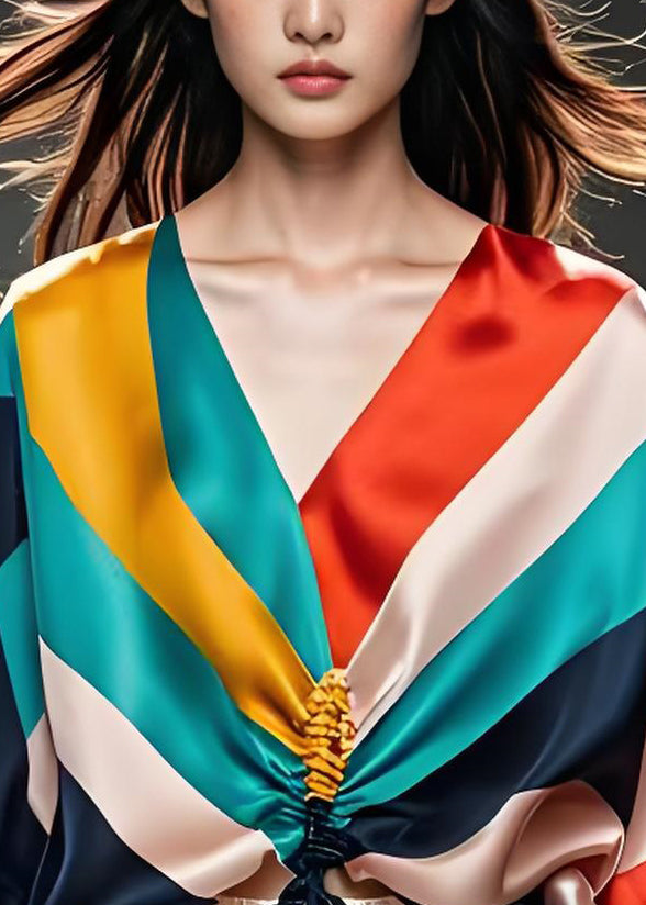 Colorblock V Neck Cinched Silk Shirt Tops Summer