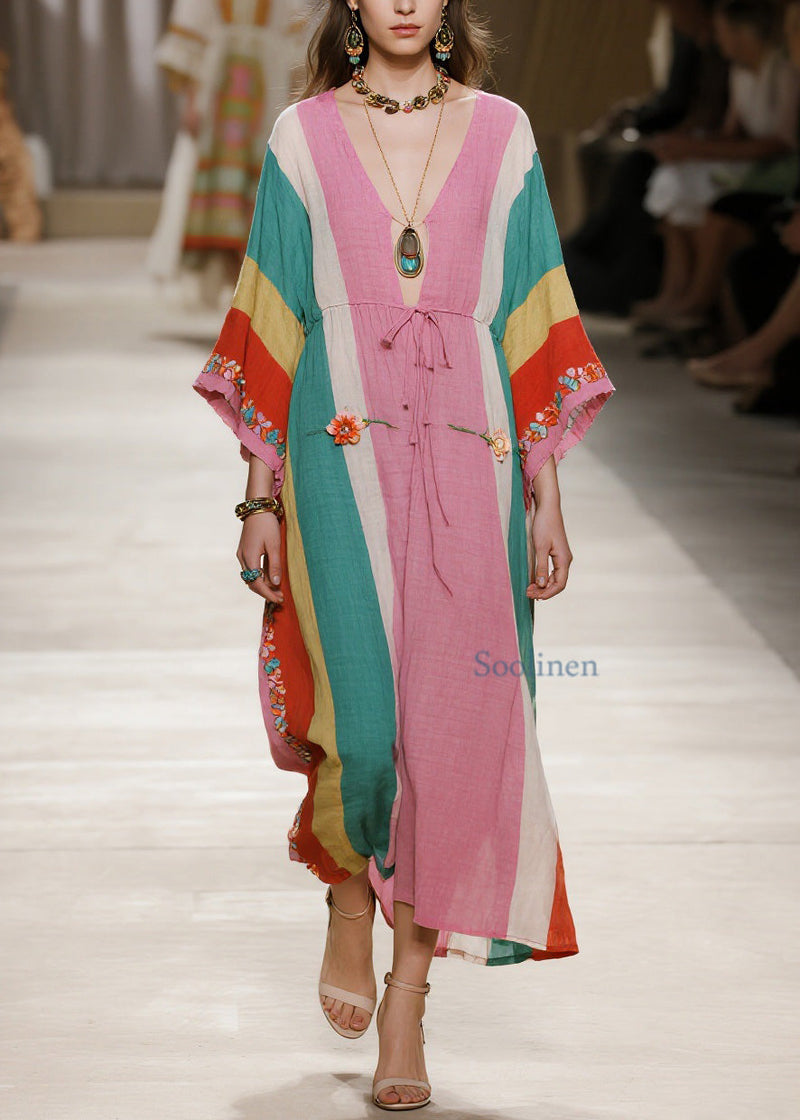 Colorblock V Neck Cotton Long Dresses Summer