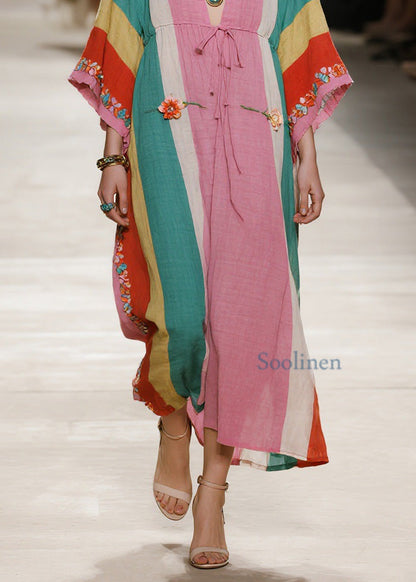 Colorblock V Neck Cotton Long Dresses Summer