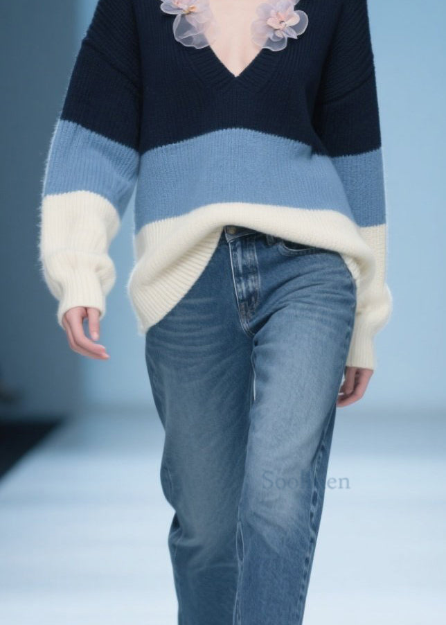 Colorblock V Neck Knit Sweater Fall