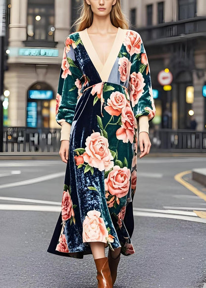 Colorblock V Neck Patchwork Print Silk Velvet Dresses Spring