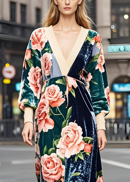 Colorblock V Neck Patchwork Print Silk Velvet Dresses Spring