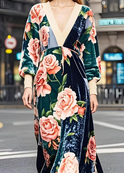 Colorblock V Neck Patchwork Print Silk Velvet Dresses Spring
