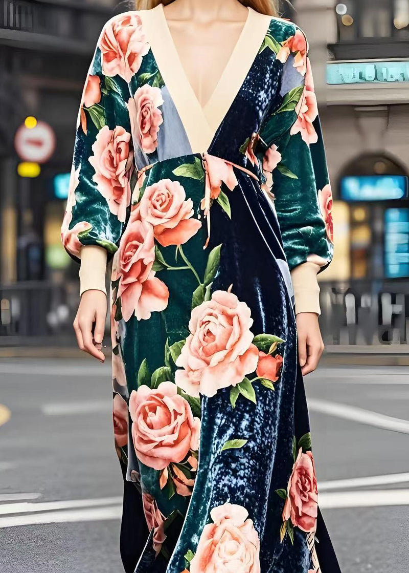 Colorblock V Neck Patchwork Print Silk Velvet Dresses Spring