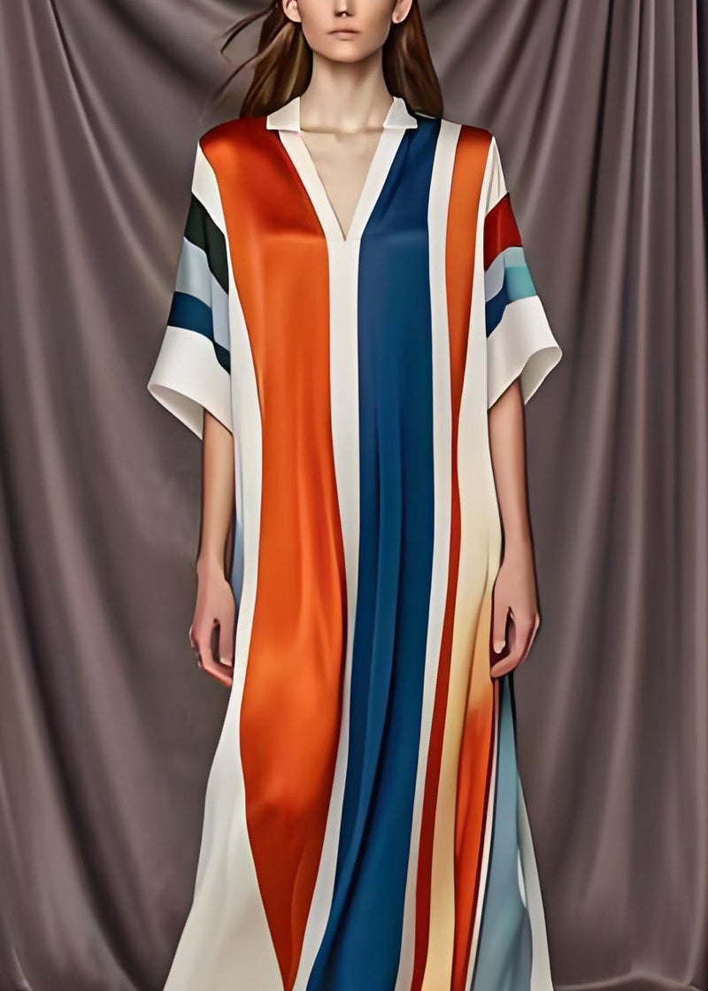 Colorblock V Neck Patchwork Silk Maxi Dress Summer