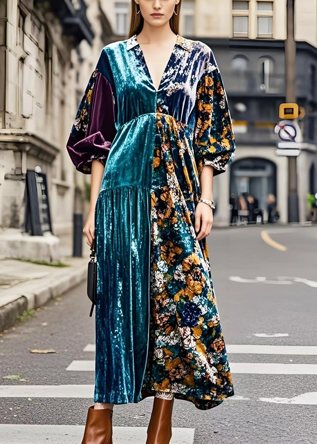 Colorblock V Neck Patchwork Silk Velvet Maxi Dresses Spring